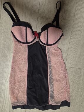 Jacob Pink and Black Lace Chemise with Red Bow